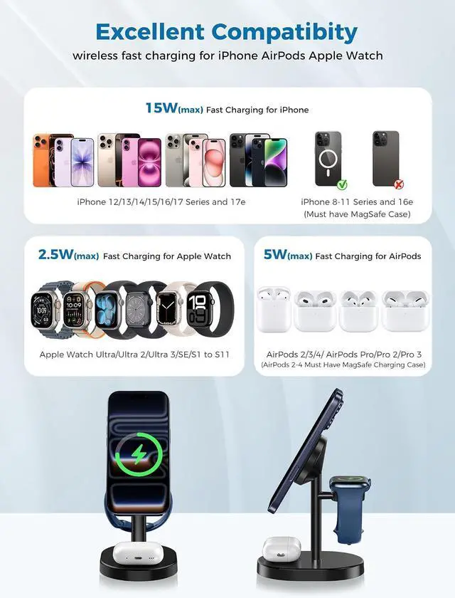 Alt view image 7 of 7 - 2026 3 in 1 Wireless Charging Station for Apple MagSafe Charger, 15W Fast Magnetic Mag-Safe Charger Stand for iPhone 17 16 15 14 13 12 17e Apple Watch AirPods Series, Gifts for Men
