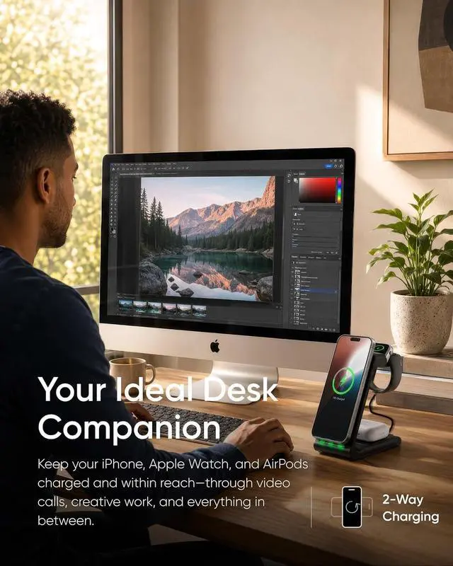 Alt view image 2 of 7 - Intoval 3 in 1 Wireless Charging Station for iPhone and Apple Watch,Fast Wireless Charger Stand,Compact Desk Charging Dock for iPhone17 16 15 14 13/Pro/Max, iWatch11 10 9 Ultra/SE 3/4,AirPods