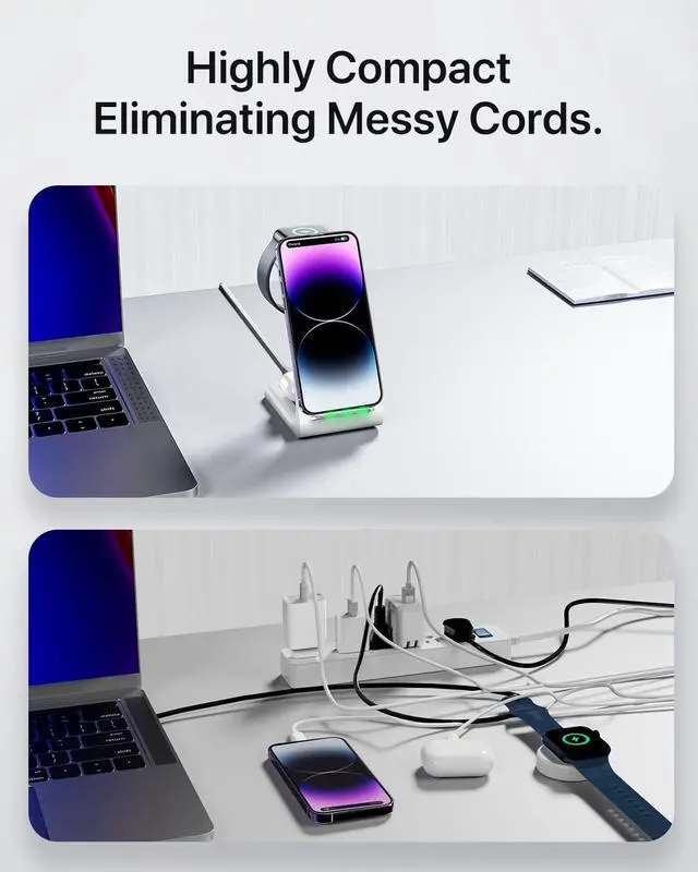 Alt view image 3 of 7 - Intoval 3 in 1 Wireless Charging Station for iPhone and Apple Watch,Fast Wireless Charger Stand,Compact Desk Charging Dock for iPhone17 16 15 14 13/Pro/Max, iWatch11 10 9 Ultra/SE 3/4,AirPods