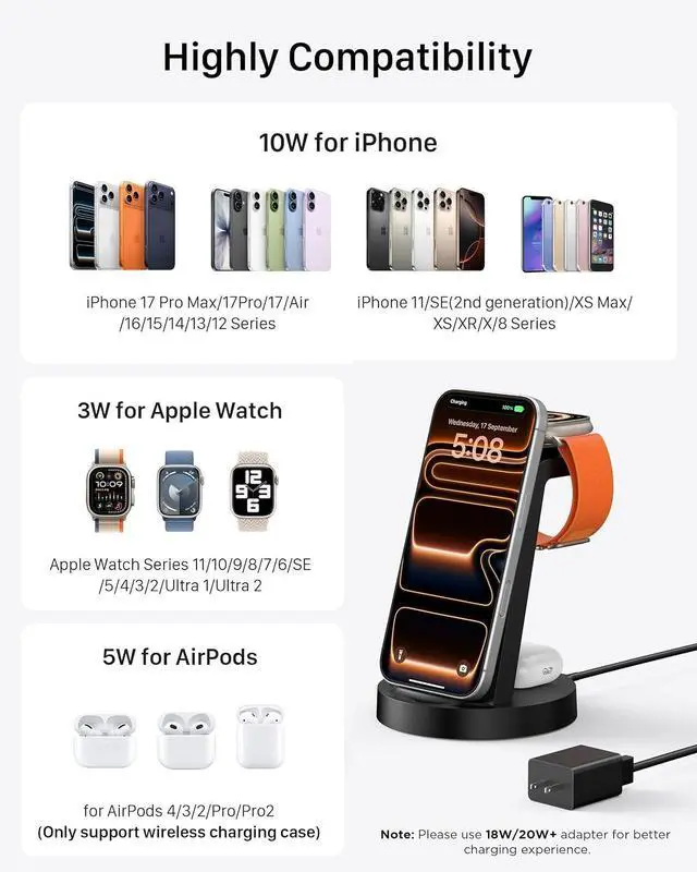 Alt view image 4 of 7 - Anlmz 3 in 1 Charging Station for iPhone, Wireless Charger for iPhone 17 16e 16 15 14 13 12 11 X Pro Max & Apple Watch - Wireless Charging Station for AirPods 4 3 Pro