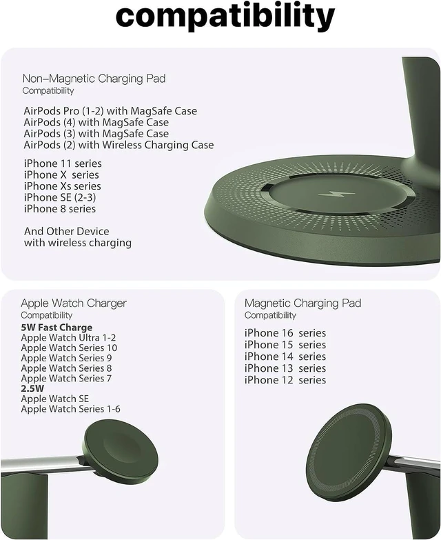 Alt view image 7 of 7 - 3 in 1 Wireless Charging Station for Apple Devices with MagSafe | Charging for iPhone 17/Air/16/15/14/13, AirPods, Apple Watch, Weighted Stable Charging Stand, USB-C Adapter Included