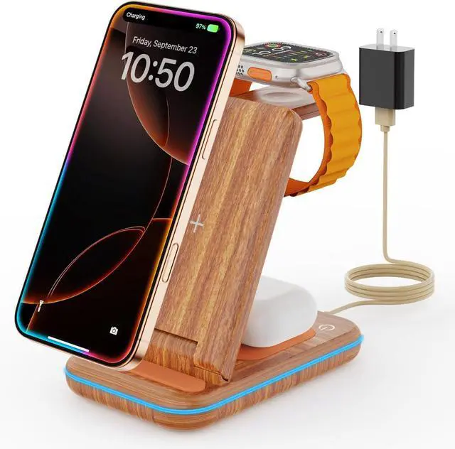 Main image of Wireless Charging Station: GEEKERA 3 in 1 Foldable Wireless Charger Stand for iPhone 17/16/15/14/13/12/11/Pro Max/X/8, Charging Station for Apple Watch Ultra/SE/11/10/9/8/7/6/5/4, AirPods 4/3/2/Pro