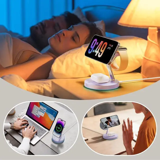 Alt view image 7 of 7 - Adjustable Blue Ambient Light Wireless Charger 3 in 1 for iPhone, Magnetic Charging Station for Apple Family,15W Fast MagSafe Charger Stand,for iPhone17-12-iWatch AirPods Series