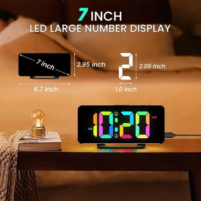 Alt view image 2 of 6 - 7" Slim Digital Alarm Clock with Colorful Night Light,Black | LED Large Display,Volume/Color Adjustable, USB-C Charger Port, 12/24H, Bedroom Decor