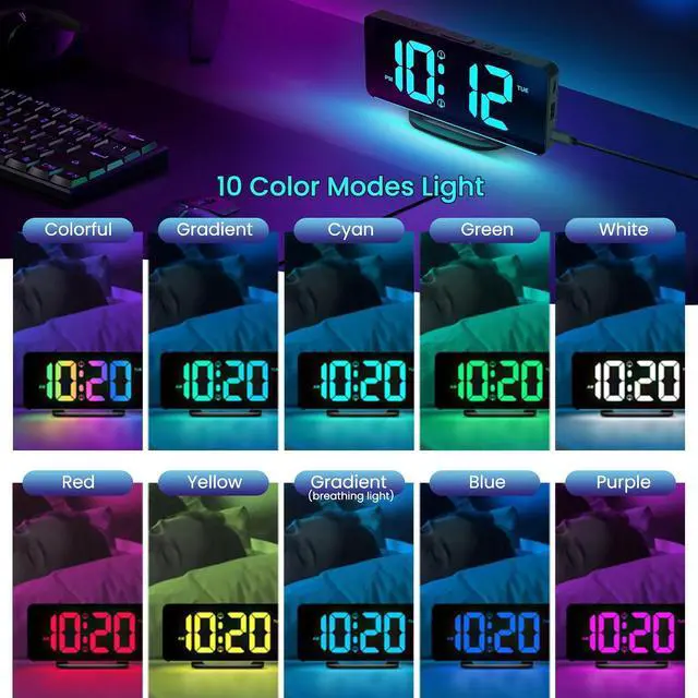 Alt view image 3 of 6 - 7" Slim Digital Alarm Clock with Colorful Night Light,Black | LED Large Display,Volume/Color Adjustable, USB-C Charger Port, 12/24H, Bedroom Decor