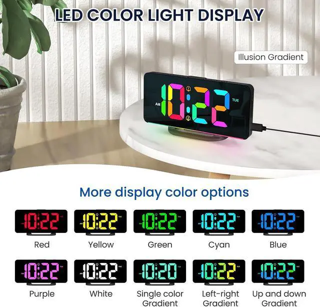 Alt view image 4 of 6 - 7" Slim Digital Alarm Clock with Colorful Night Light,Black | LED Large Display,Volume/Color Adjustable, USB-C Charger Port, 12/24H, Bedroom Decor