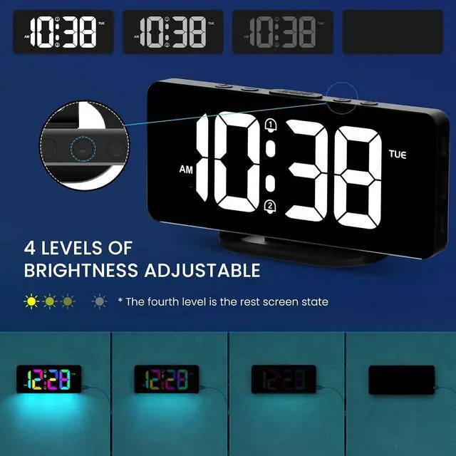 Alt view image 5 of 6 - 7" Slim Digital Alarm Clock with Colorful Night Light,Black | LED Large Display,Volume/Color Adjustable, USB-C Charger Port, 12/24H, Bedroom Decor