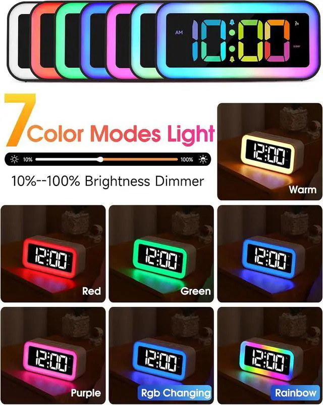 Alt view image 2 of 6 - Cadmos Loud Alarm Clock for Bedrooms with Dynamic RGB Night Light,Heavy Sleepers Adults,Dual Alarm,Dimmer,USB Charger,Small Bedside Digital Clock with LED Display for Kids,Teens,Seniors (Black)