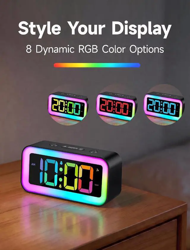 Alt view image 3 of 6 - Cadmos Loud Alarm Clock for Bedrooms with Dynamic RGB Night Light,Heavy Sleepers Adults,Dual Alarm,Dimmer,USB Charger,Small Bedside Digital Clock with LED Display for Kids,Teens,Seniors (Black)