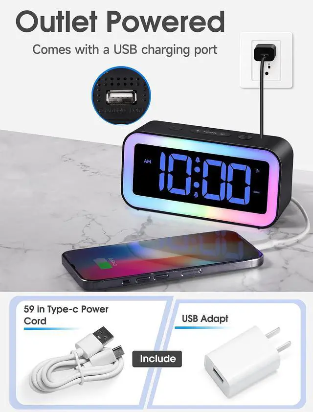 Alt view image 6 of 6 - Cadmos Loud Alarm Clock for Bedrooms with Dynamic RGB Night Light,Heavy Sleepers Adults,Dual Alarm,Dimmer,USB Charger,Small Bedside Digital Clock with LED Display for Kids,Teens,Seniors (Black)