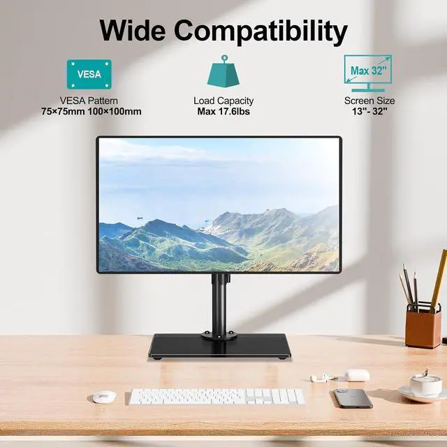 Alt view image 3 of 7 - MOUNT PRO Single Monitor Stand Fits Max 32 inch Screen, Free-Standing Computer Desk Stand, Display Mount with Height Adjustable, Swivel, Tilt, Rotation, VESA Monitor Stand 100x100