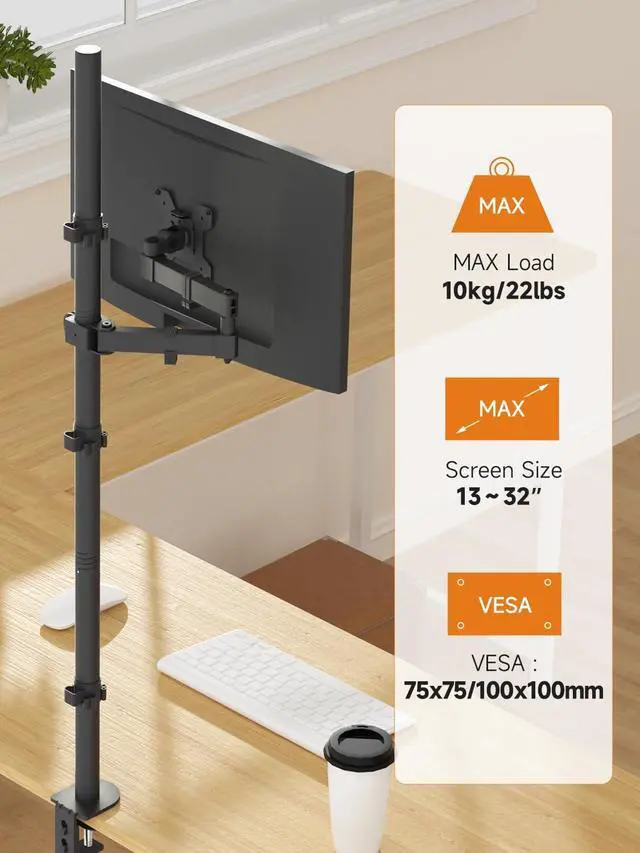 Alt view image 2 of 7 - Monitor Mount Single Fully Adjustable Arm Monitor Arm Fits One Screen 13-32 inch 22lbs for Computer Screen 13 15 17 19 20 22 23 24 26 27 30 32 inch VESA 75 100 (MD71221)