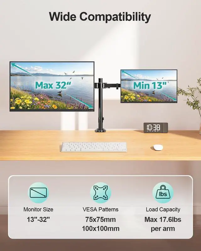 Alt view image 2 of 7 - MOUNT PRO Dual Monitor Mount Fits 13-32 Inch/17.6lbs LCD Screen, Computer Monitor Desk Mount, Articulating Monitor Arm, Height Adjustable Display Stand for 2 Monitors, VESA Mount 75x75/100x100mm