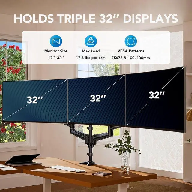 Alt view image 2 of 7 - HUANUO Triple Monitor Mount for 17 to 32 inch Screens, Adjustment Gaming Triple Monitor Stand with Swivel, Tilt, Rotation, Clamp & Grommet Kit