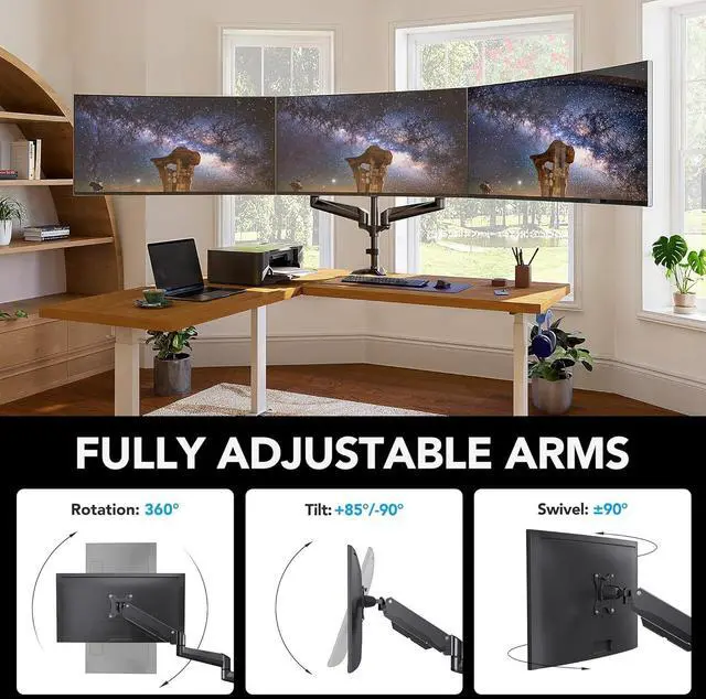 Alt view image 5 of 7 - HUANUO Triple Monitor Mount for 17 to 32 inch Screens, Adjustment Gaming Triple Monitor Stand with Swivel, Tilt, Rotation, Clamp & Grommet Kit
