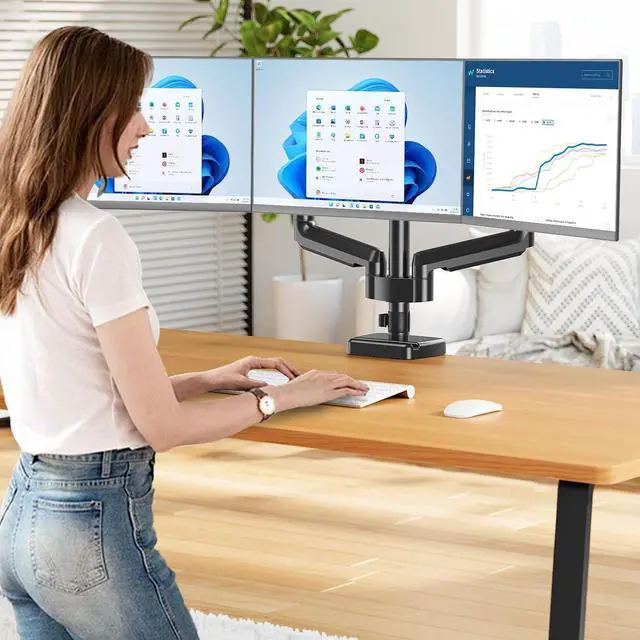 Alt view image 2 of 7 - MOUNT PRO Triple Monitor Mount for 13-27 inch Screens, 3 Monitor Desk Mount, Height Adjustable Triple Display Stand, Full Motion Three Computer Arm Hold up to 17.6lbs Each, VESA 75x75, 100x100