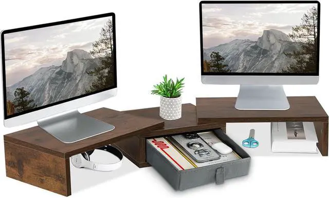 Main image of TEAMIX 3 Shelf Monitor Stand Riser With Drawer - Length and Angle Adjustable Dual Riser With Storage Corner Desk Shelf Organizer Large Computer Stand for 2 Monitors/Laptop (Brown, 1 Drawer)