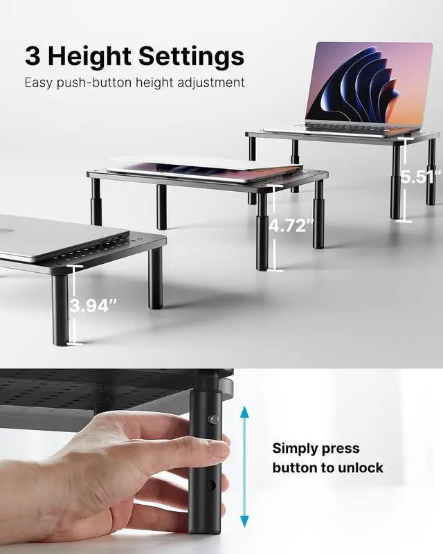 Alt view image 3 of 7 - HUANUO Monitor Stand, Monitor Stand Riser 3 Height Adjustable, Monitor Riser with Airflow Vents, Laptop Stand for Desk, Laptop Riser, Desk Organizer for Monitor, Laptop, PC, Printer