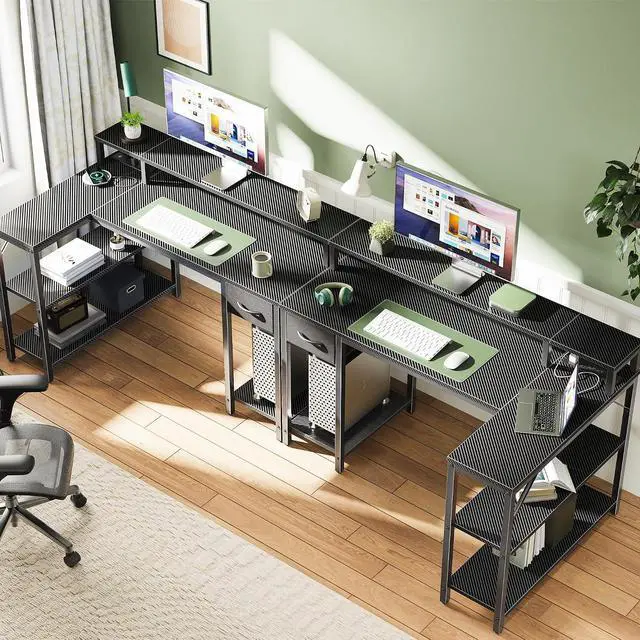 Alt view image 6 of 7 - SUPERJARE 47 inch L Shaped Gaming Desk with LED Lights & Power Outlets, Reversible Computer Desk with Shelves & Monitor Stand, Corner Desk with Drawer, for Home & Office, Carbon Fiber Black