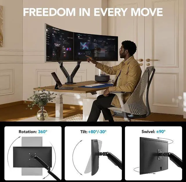 Alt view image 3 of 7 - HUANUO Dual Monitor Stand for 1340, Premium Dual Monitor Mount with USB, Height Adjustable Monitor Stand for 2 Monitors, VESA Mount with Clamp/Grommet Base, Holds 26.4lbs per Arm, HNDS7