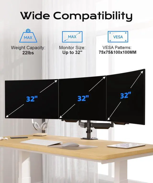 Alt view image 2 of 7 - Pholiten Triple Monitor Mount for17-32 inches Screen, 2 Gas Spring Arms | Fully Adjustable Heavy Duty Monitor Arm, Clamp & Grommet Mounting, Holds 22 lbs Each