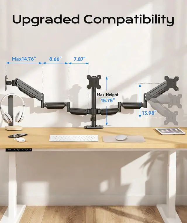 Alt view image 4 of 7 - Pholiten Triple Monitor Mount for17-32 inches Screen, 2 Gas Spring Arms | Fully Adjustable Heavy Duty Monitor Arm, Clamp & Grommet Mounting, Holds 22 lbs Each
