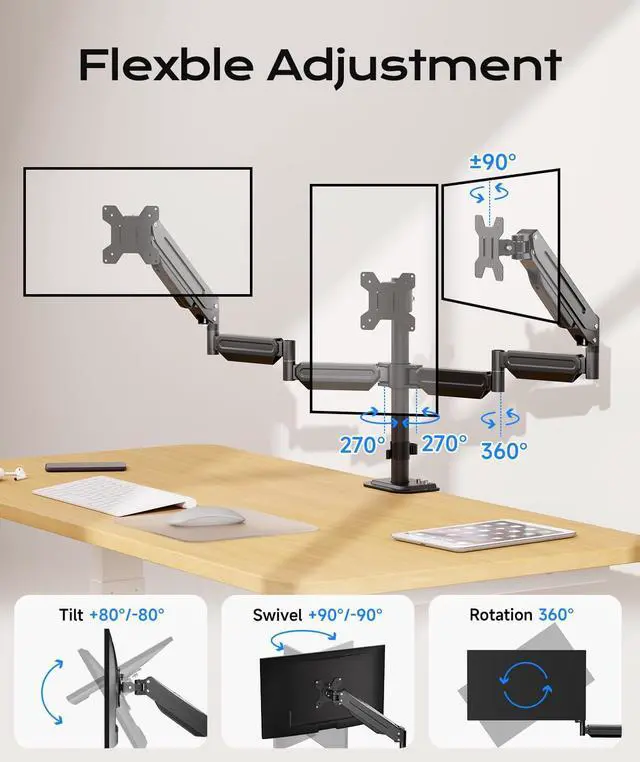 Alt view image 5 of 7 - Pholiten Triple Monitor Mount for17-32 inches Screen, 2 Gas Spring Arms | Fully Adjustable Heavy Duty Monitor Arm, Clamp & Grommet Mounting, Holds 22 lbs Each