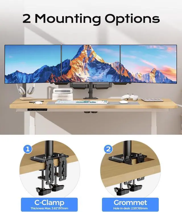 Alt view image 6 of 7 - Pholiten Triple Monitor Mount for17-32 inches Screen, 2 Gas Spring Arms | Fully Adjustable Heavy Duty Monitor Arm, Clamp & Grommet Mounting, Holds 22 lbs Each