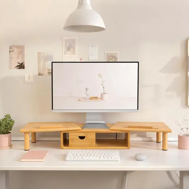 Alt view image 5 of 7 - Dual Monitor Stand Riser with Drawer for Desk Laptop | Desk Shelf with Adjustable Length and Angle, Bamboo Computer Stand Riser for 2 or 3 Monitors Screen Laptop PC TV -Natural