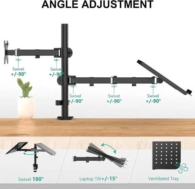 Alt view image 2 of 7 - WALI Laptop and Monitor Stand for 17" Notebook and 27" Screen | Fully Adjustable Monitor Arm with Laptop Tray, VESA 75x75 100x100mm, Holds up to 22 lbs, Black (M001LP)
