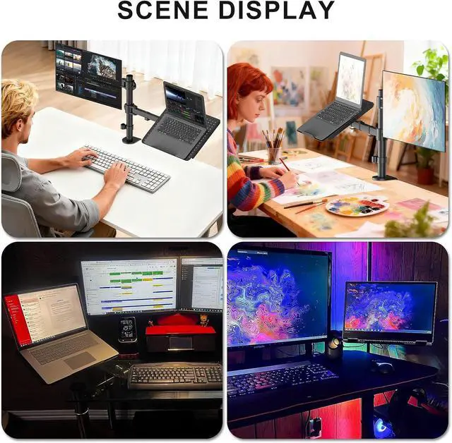 Alt view image 3 of 7 - WALI Laptop and Monitor Stand for 17" Notebook and 27" Screen | Fully Adjustable Monitor Arm with Laptop Tray, VESA 75x75 100x100mm, Holds up to 22 lbs, Black (M001LP)