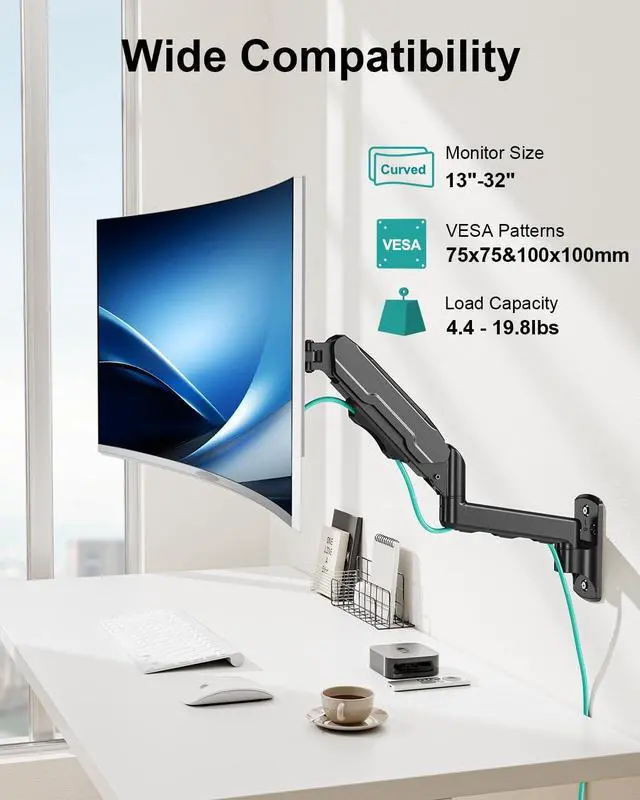 Alt view image 3 of 7 - MOUNT PRO Single Monitor Wall Mount for 13 to 32 Inch Computer Screens, Height Adjustable Wall Mount Monitor Arm Holds Up to 19.8lbs, Full Motion Wall Bracket, VESA Mount 75x75, 100x100, Black