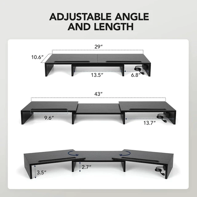 Alt view image 2 of 7 - HUANUO Dual Monitor Stand -Monitor Stand with USB ports ,Adjustable Length and Angle, Dual monitor riser w/ Desktop Socket, Monitor Stand Riser for PC, Computer, Laptop (Black)