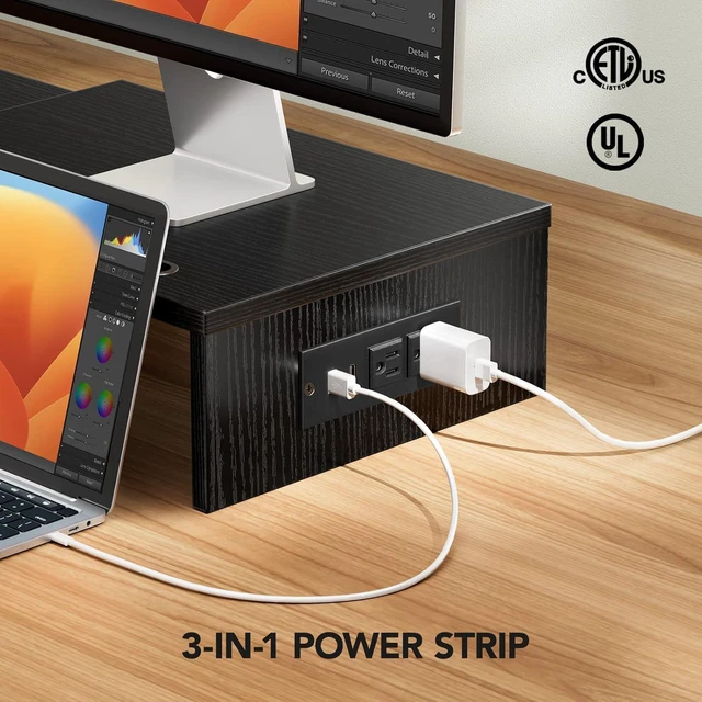 Alt view image 3 of 7 - HUANUO Dual Monitor Stand -Monitor Stand with USB ports ,Adjustable Length and Angle, Dual monitor riser w/ Desktop Socket, Monitor Stand Riser for PC, Computer, Laptop (Black)