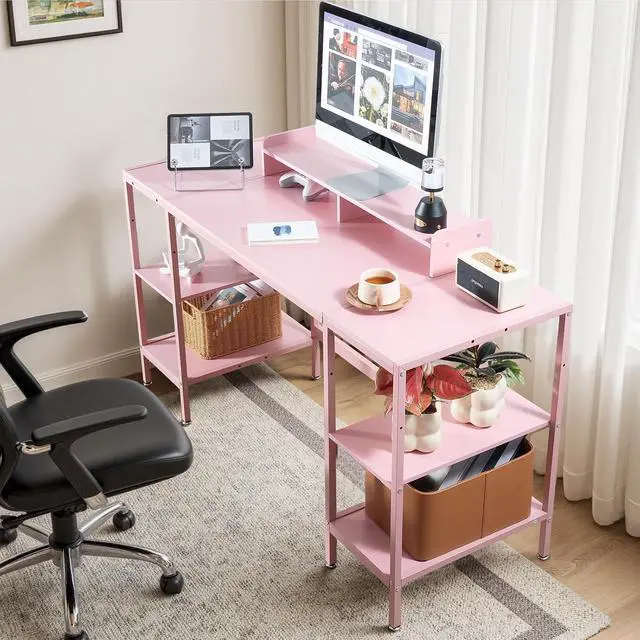 Alt view image 2 of 7 - Computer Desk 55-inch with Storage Shelf - Pink Ideal Gaming Desk for Bedrooms, Small Spaces, and Home Offices Modern Writing Desk for PCs.