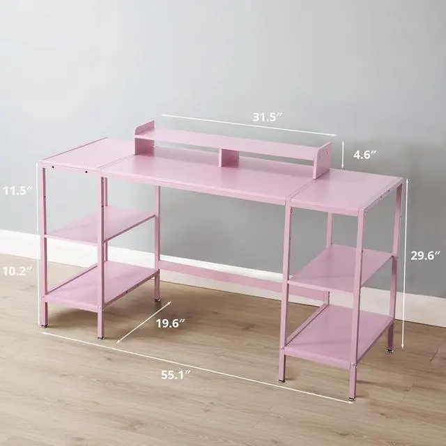 Alt view image 3 of 7 - Computer Desk 55-inch with Storage Shelf - Pink Ideal Gaming Desk for Bedrooms, Small Spaces, and Home Offices Modern Writing Desk for PCs.