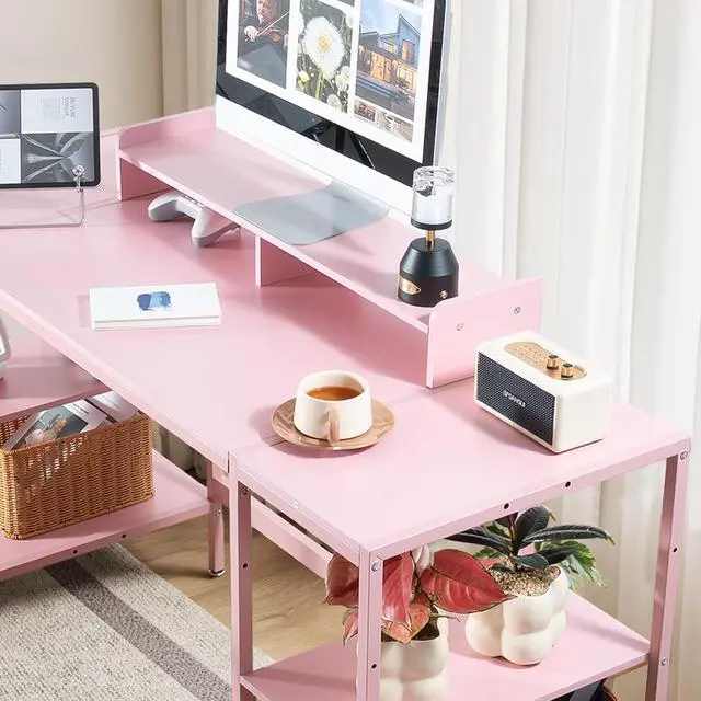 Alt view image 4 of 7 - Computer Desk 55-inch with Storage Shelf - Pink Ideal Gaming Desk for Bedrooms, Small Spaces, and Home Offices Modern Writing Desk for PCs.
