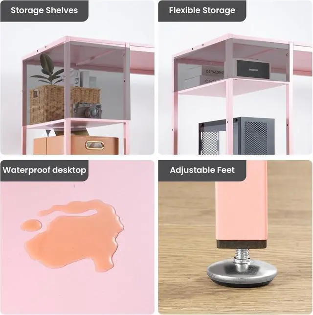 Alt view image 7 of 7 - Computer Desk 55-inch with Storage Shelf - Pink Ideal Gaming Desk for Bedrooms, Small Spaces, and Home Offices Modern Writing Desk for PCs.