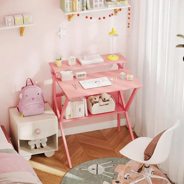Alt view image 2 of 7 - ODK 27.5 Inch Small Desk with Storage & Monitor Stand, Pink | Small Computer Desk for Small Spaces, Study Desk for Bedroom