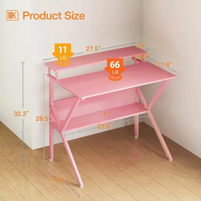 Alt view image 3 of 7 - ODK 27.5 Inch Small Desk with Storage & Monitor Stand, Pink | Small Computer Desk for Small Spaces, Study Desk for Bedroom