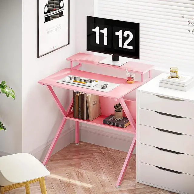 Alt view image 7 of 7 - ODK 27.5 Inch Small Desk with Storage & Monitor Stand, Pink | Small Computer Desk for Small Spaces, Study Desk for Bedroom