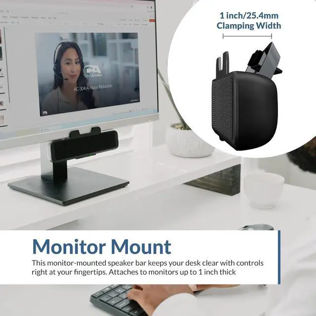 Alt view image 2 of 7 - Cyber Acoustics CA-2890 USB Speaker Bar with Clip-On Monitor Mount Design | Compact speaker bar for PC and Mac, Great for Tight Desks, Play and Pause Buttons, LED Status Light, Plug-and-Play Setup