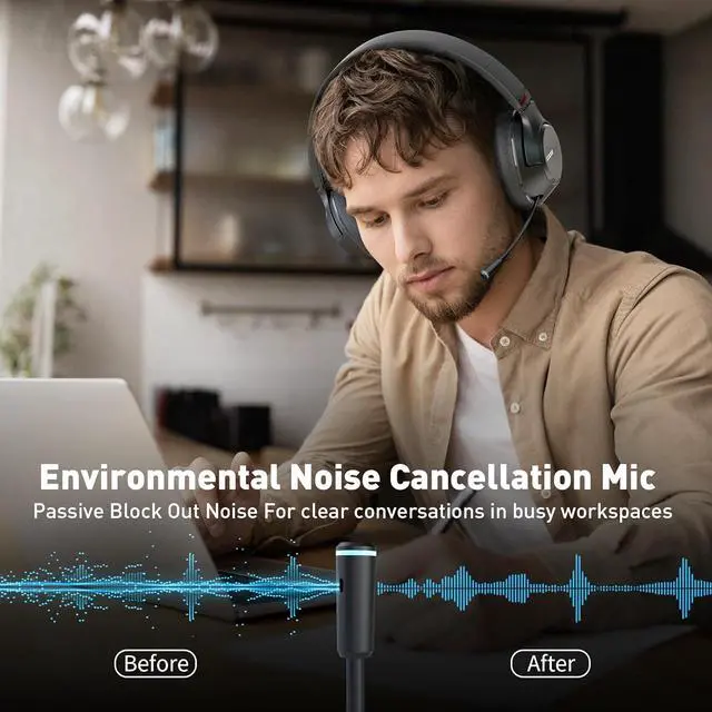 Alt view image 2 of 6 - H300 Wireless Headphones with Microphone,Over Ear Bluetooth Headsets, Black | USB Dongle,One-Tap Mute, Environmental Noise Cancelling Retractable Mic for Work Office Call Center Laptop Computer