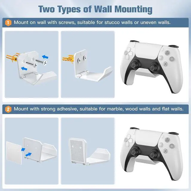 Alt view image 3 of 6 - KUNSLUCK 4 Pack Controller Wall Mount for PS5, Xbox, Switch Controller, Wall Mount Stand for Controller&Headset, Adhesive/Screws Installation (White)