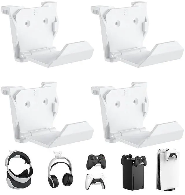 Main image of KUNSLUCK 4 Pack Controller Wall Mount for PS5, Xbox, Switch Controller, Wall Mount Stand for Controller&Headset, Adhesive/Screws Installation (White)