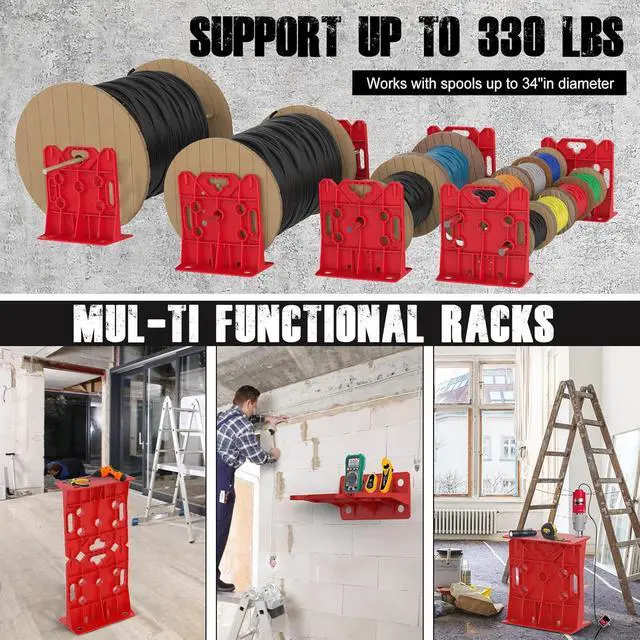 Alt view image 3 of 7 - Multi Purpose Wire Dispenser, Cable/Wire Spool Rack, Wire Spool Caddy, Holds Spools Up to 34" In Diameter, Load Capacity 330 LBS, 1 Pair (Red)