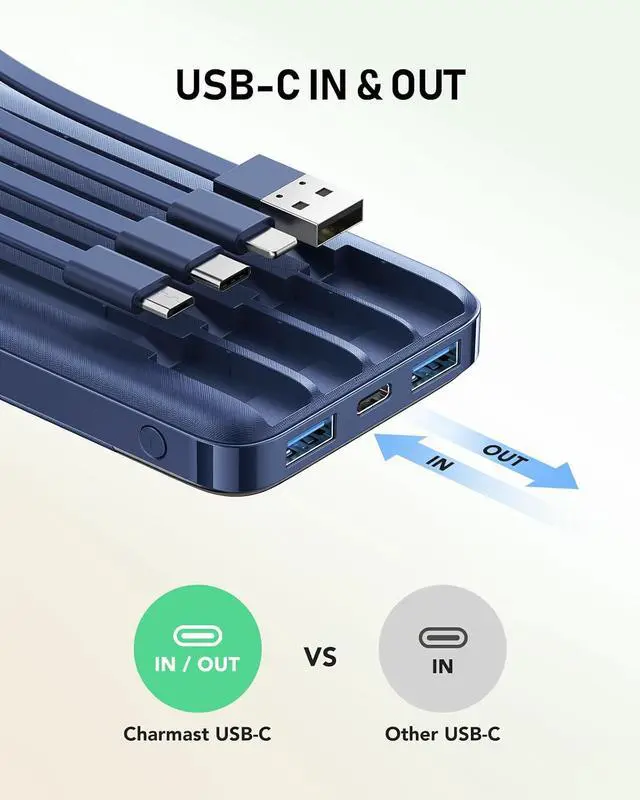 Alt view image 5 of 7 - charmast Portable Charger Built-in Cables, 10000mAh Slim Power Bank Pocket | 22.5W Fast Charging Battery Pack for iPhone 17/16/15 Samsung Android, Flight-Approved, Multi-Device, USB-C,, Daily Commute
