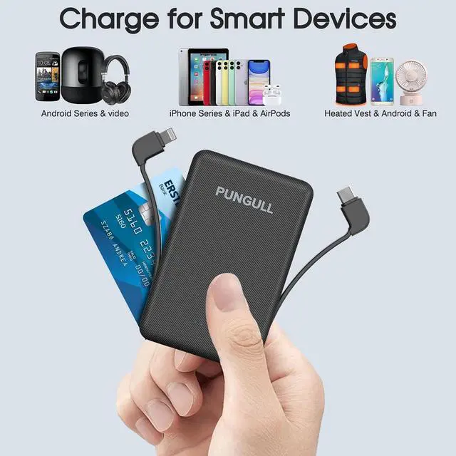 Alt view image 7 of 7 - Slim Portable Charger 5000mAh - Compact Mini Small Power Bank Built-in Cable Cute Mobile Cell Phone External Battery Pack 5V 2.1A USB-C Compatible with iPhones 6/7/8/X/XS/XR/11/12/13/14 Airpods
