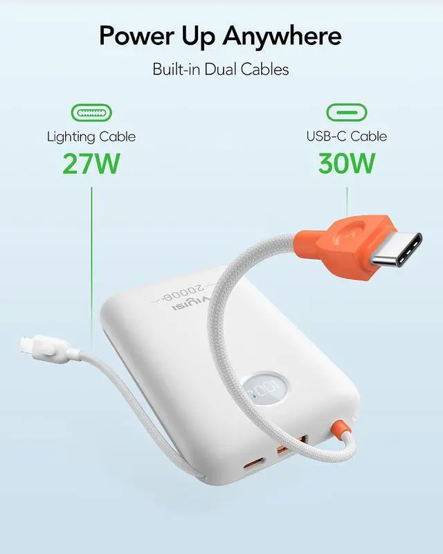 Alt view image 2 of 7 - VIYISI Portable Charger 20000mAh 30W Fast Charging with Built-in 2 Cables | USB C & Lighting Cables, White Aesthetic Power Bank Compatible with iPhone 17 16 15 Pro Max, Samsung iPad, Travel