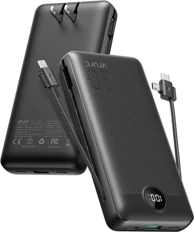 Main image of VRURC Portable Charger 20000mAh, Fast Charging Power Bank USB C,4 Output 2 Input Travel Essentials Charging Bank Equipped with LED Display,Built-in Wall Plug and Cables,Phone Charger Battery,Black
